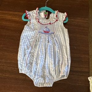 Shrimp & Grits smocked sailboat bubble. Size 12m